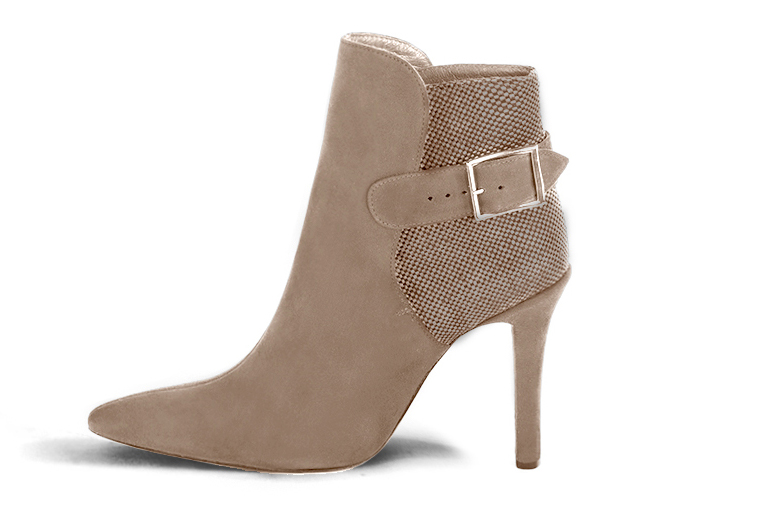 Tan beige women's ankle boots with buckles at the back. Tapered toe. Very high slim heel. Profile view - Florence KOOIJMAN